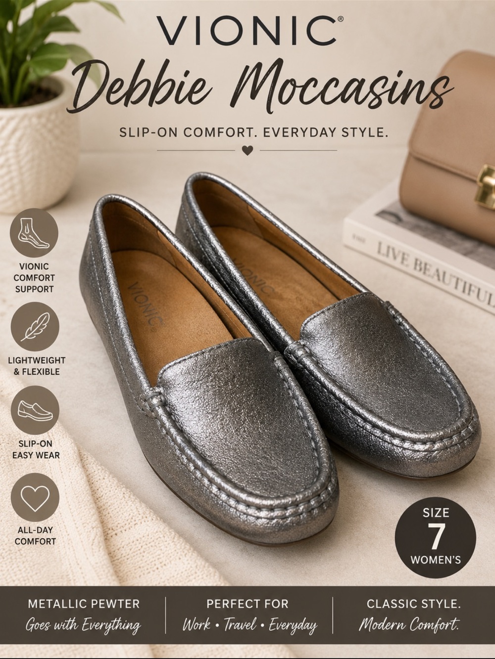 Vionic Metallic Pewter Debbie Moccasins Women’s Slip-On Loafers